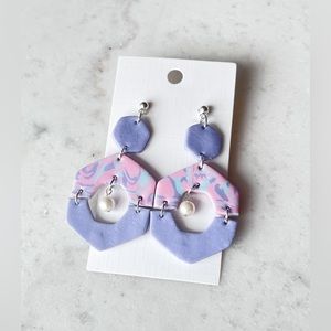 HANDMADE HEXAGON COTTON CANDY DANGLES POLYMER CLAY EARRINGS
